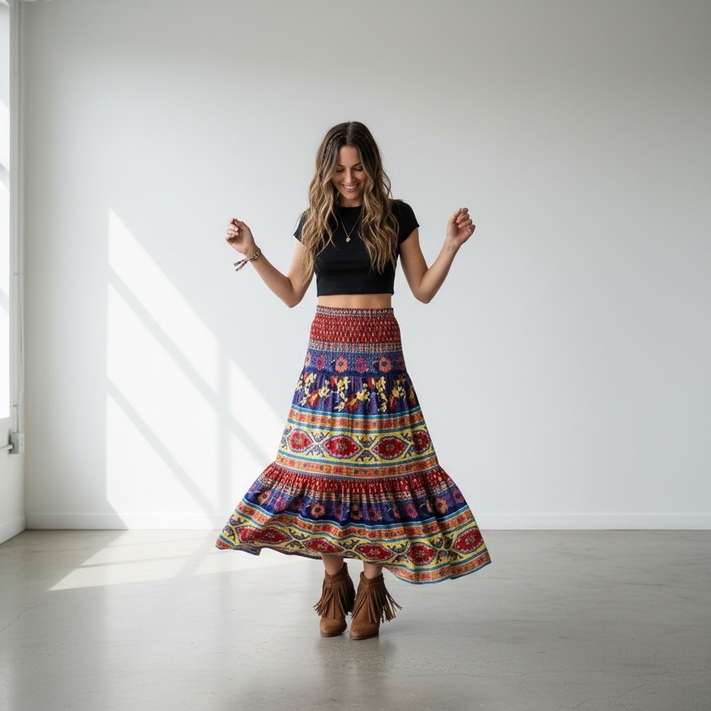 Adrienne Vittadini Vintage Maxi Skirt Small Floral Cotton Tiered Boho Festival